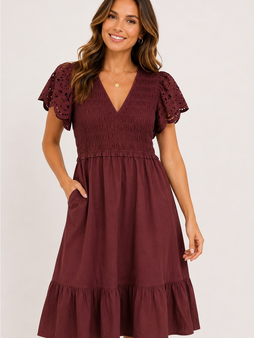 29. Universal Thread Women's Burgundy V-Neck Eyelet Sleeve Dress
